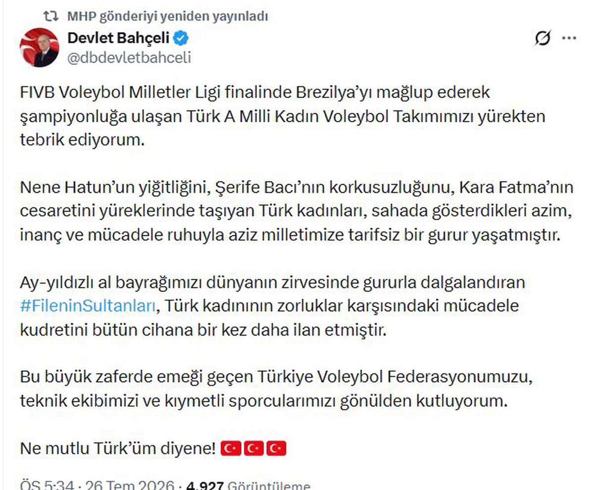 Bahçeli'den Filenin Sultanları'na tebrik