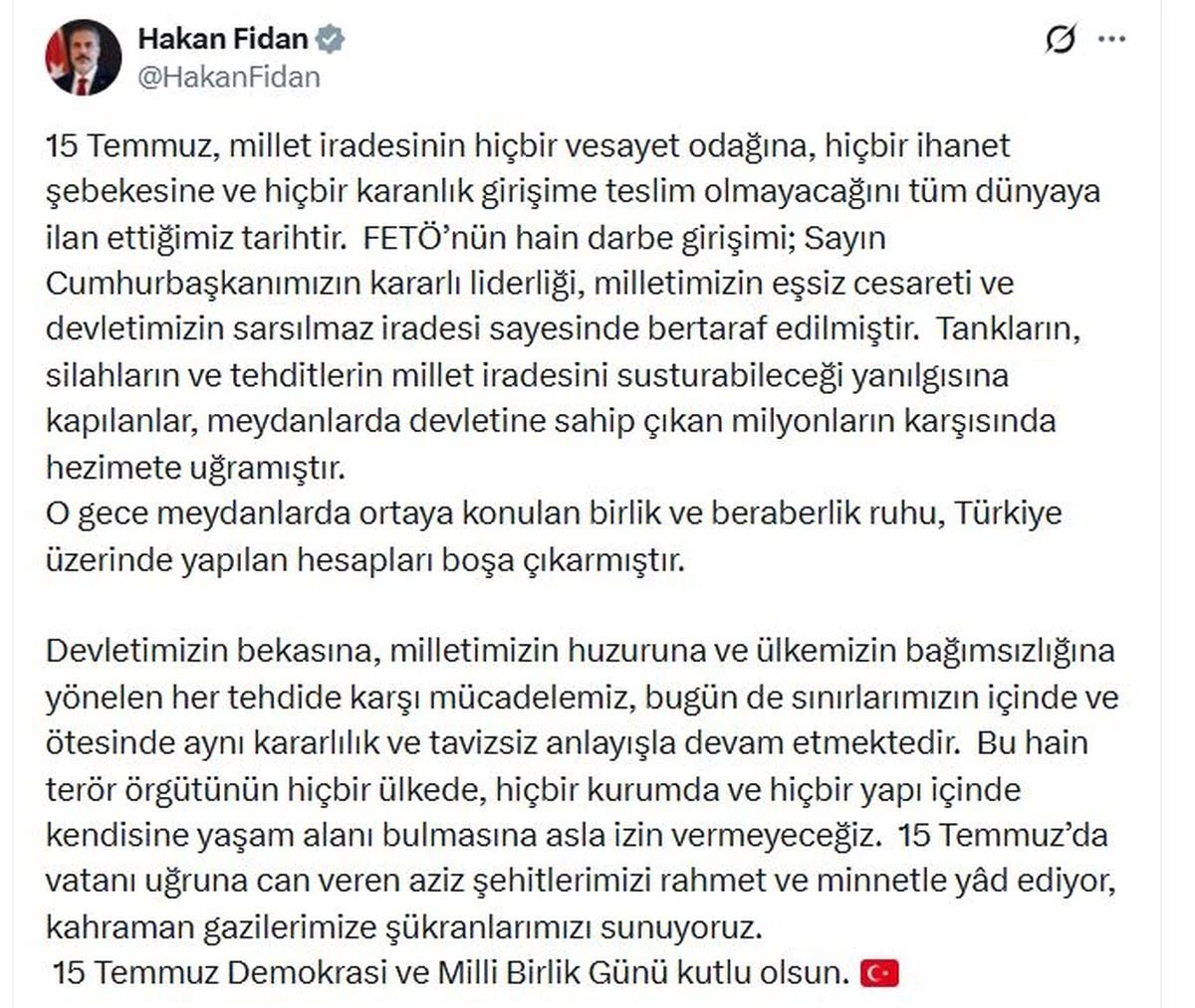 Fidan: 15 Temmuz, millet iradesinin teslim olmadığı tarihtir