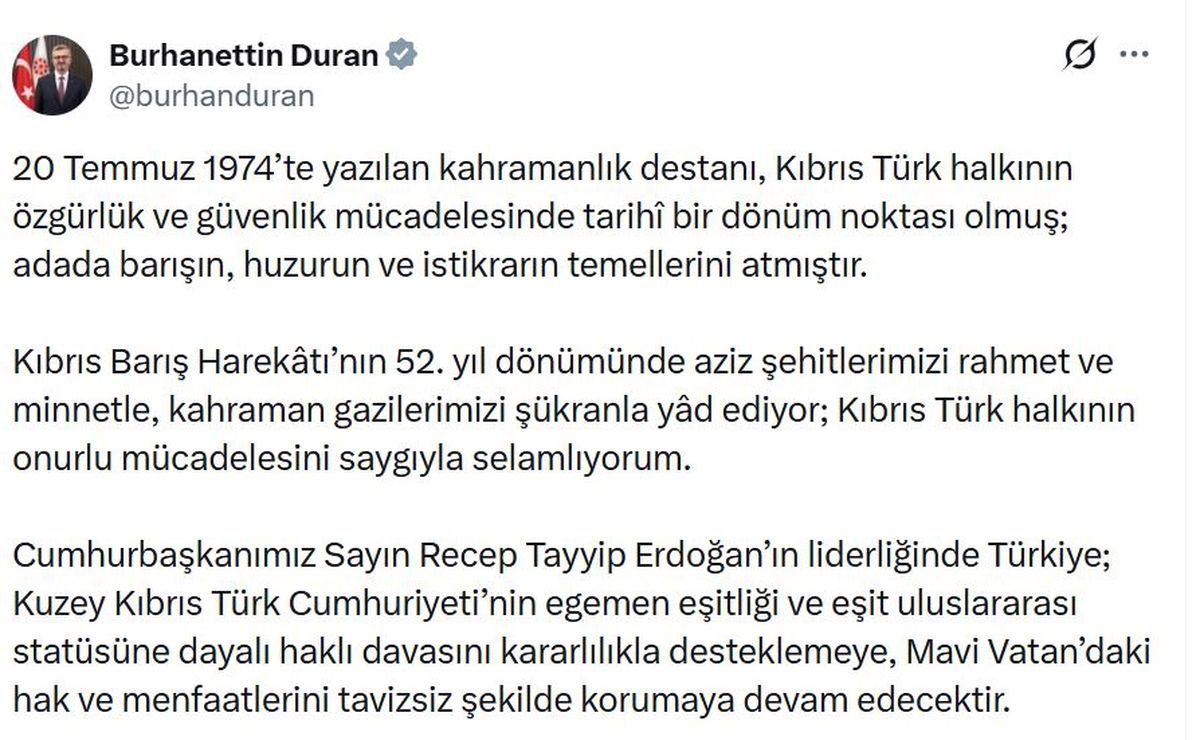 İletişim Başkanı Duran: Kıbrıs Barış Harekatı'nın 52'nci Yıl Dönümünde Şehitleri Rahmetle Andı