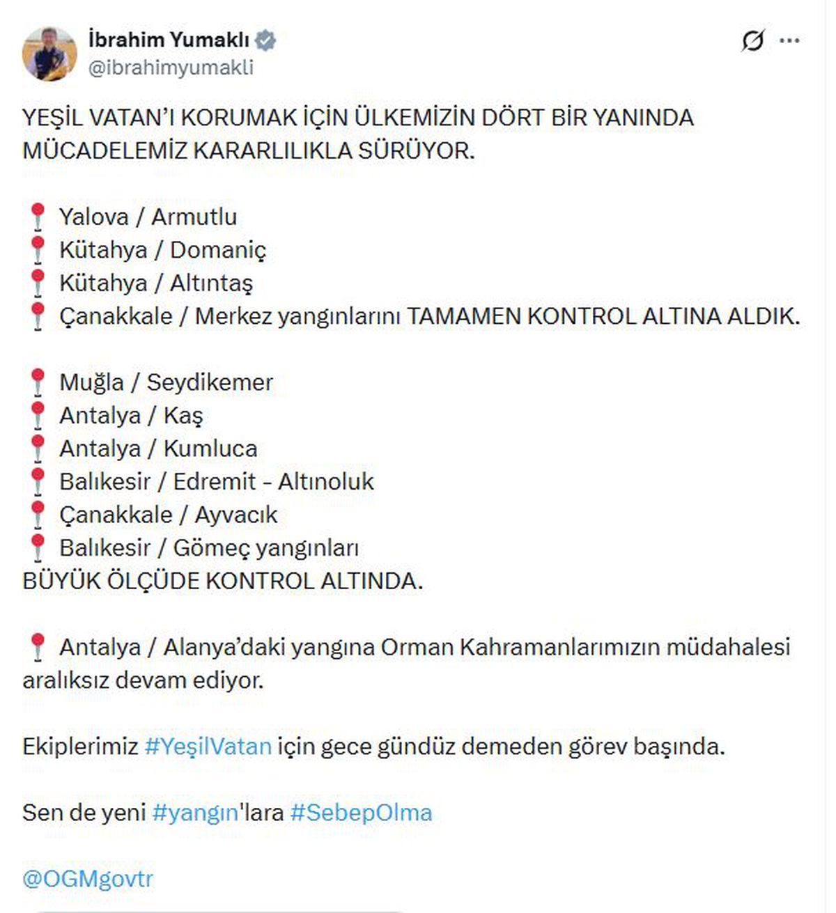 Yalova, Kütahya ve Çanakkale yangınları tamamen kontrol altına alındı
