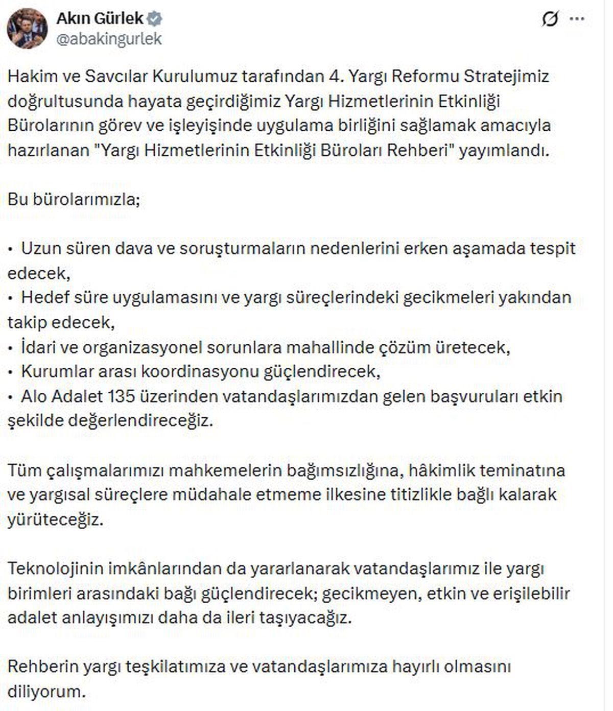 Adalet Bakanı Gürlek: 'Yargı Hizmetlerinin Etkinliği Büroları Rehberi' yayımlandı