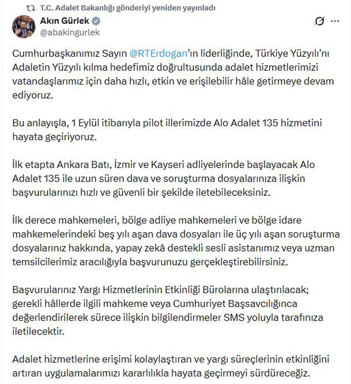 Alo Adalet 135 hizmeti 1 Eylül'de pilot illerde başlıyor