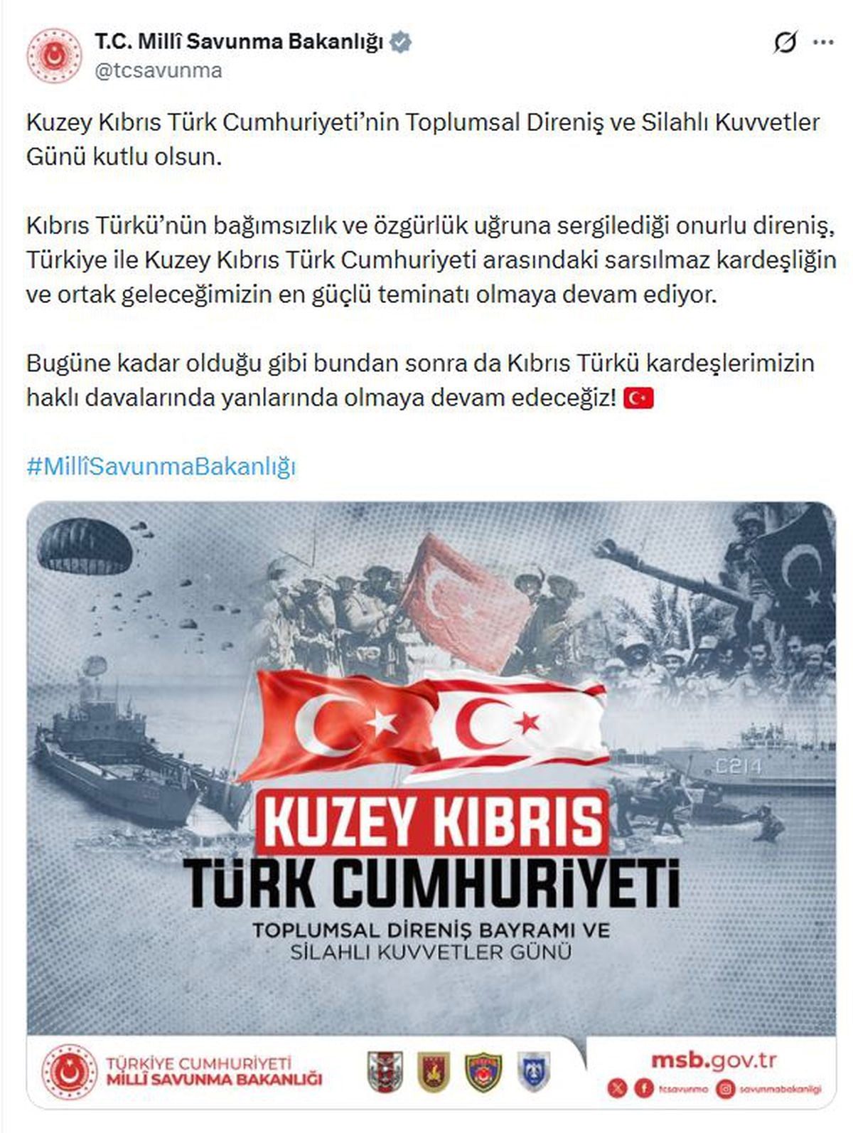 MSB, KKTC’nin Toplumsal Direniş ve Silahlı Kuvvetler Günü'nü kutladı