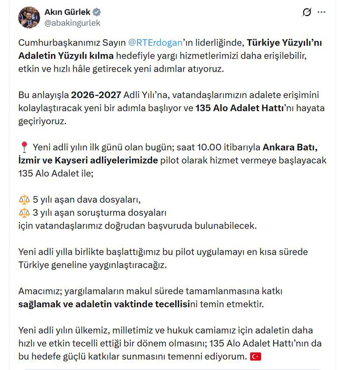Adalet Bakanı Gürlek: 135 Alo Adalet Hattı pilot uygulamayla başlıyor
